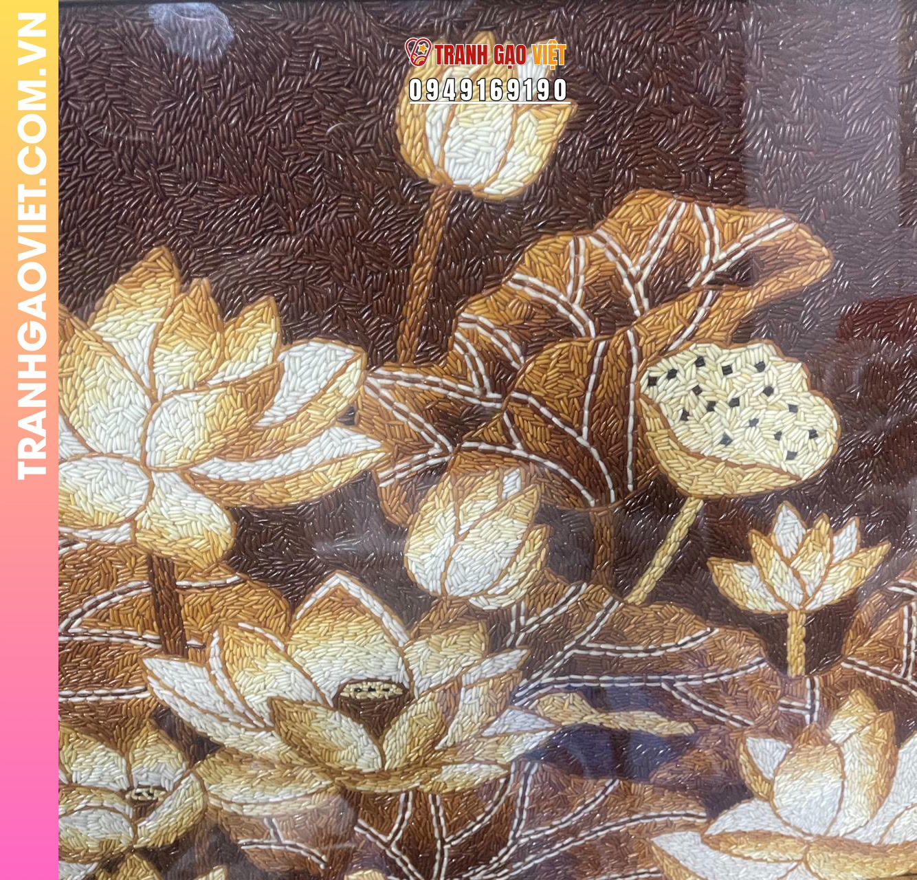 Tranh gạo Hoa Sen trong Đầm khung nâu viền vàng bản 50x70 cm - Ảnh 4