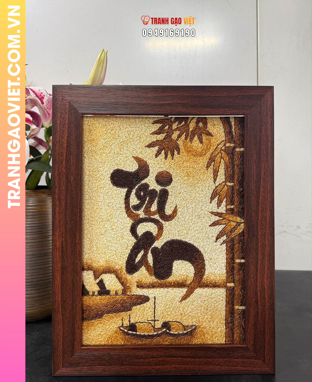 Tranh gạo chữ Tri Ân (30x40) – Khung gỗ nâu sần