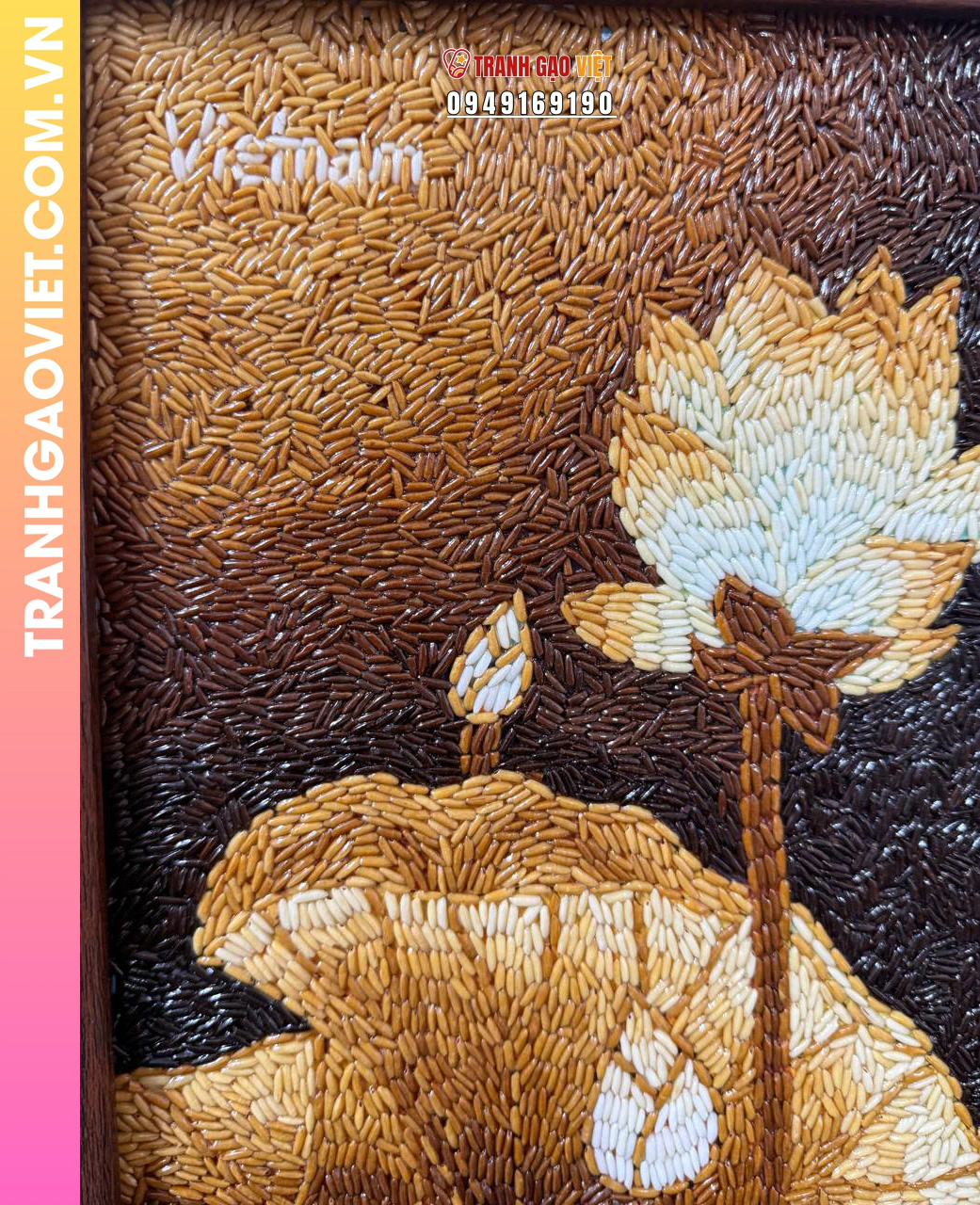 Tranh gạo Sen an nhiên (20x30) - khung gỗ nâu sần - Ảnh 3