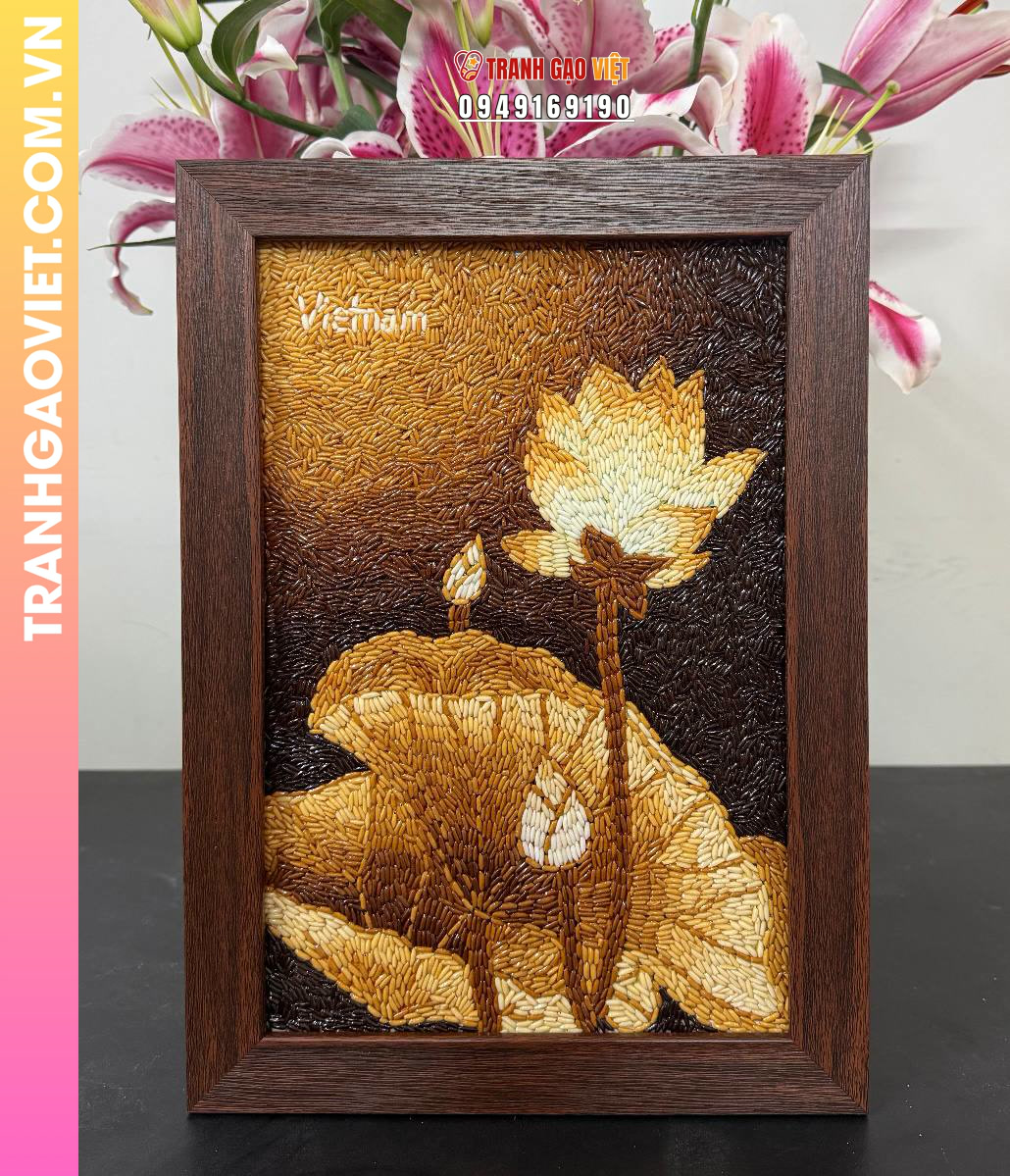 Tranh gạo Sen an nhiên (20x30) - khung gỗ nâu sần - Ảnh 4