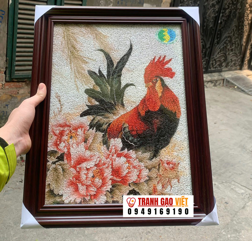 Tranh gao Gà Trống hoa mẫu đơn Hình ảnh Tranh gao Gà Trống hoa mẫu đơn - Ảnh thực tế sản phẩm Tranh Gạo