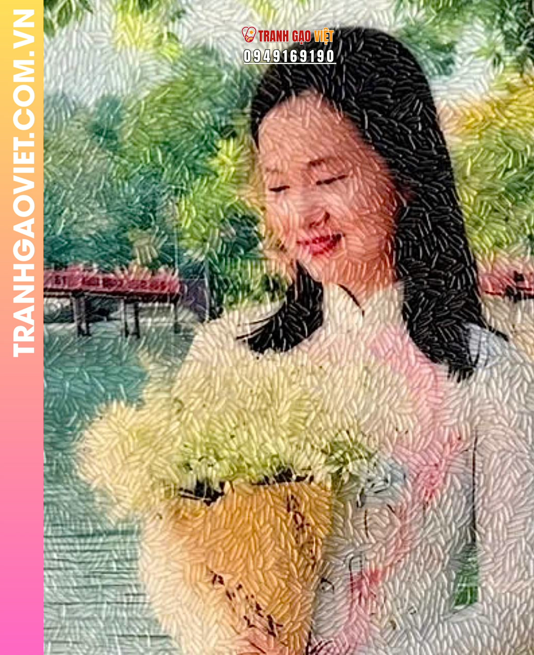 Tranh gạo màu Người phụ nữ bên bờ hồ - Ảnh 2