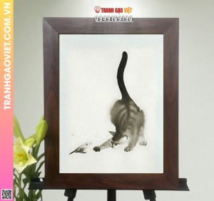 Tranh Gạo Đôi Bạn Vẹt và Mèo