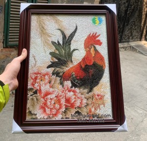 Tranh gao Gà Trống hoa mẫu đơn