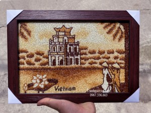 Tranh gạo Tháp Rùa Hoa sen khổ nhỏ