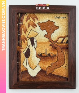 Tranh gạo Áo Dài và Bản đồ Việt Nam khung tranh nâu bản 30x40 cm