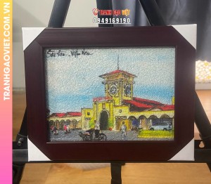 Tranh gạo Chợ Bến Thành để bàn 20x25 cm