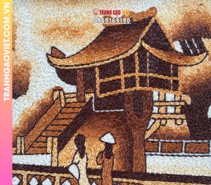 Tranh gạo Chủa Một Cột khung nâu kích cỡ 30x40 cm