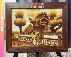 Tranh gạo Chủa Một Cột khung nâu kích cỡ 30x40 cm