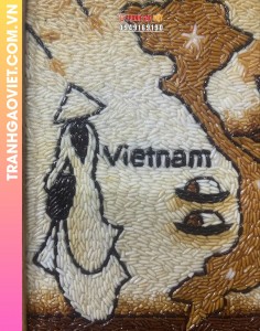 Tranh gạo cô gái áo dài và bản đồ Việt Nam đóng khung vàng