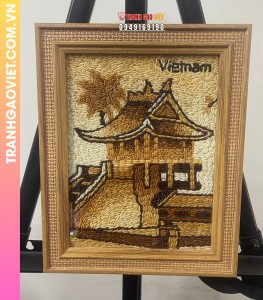 Tranh gạo để bàn Chùa Một Cột khung vàng