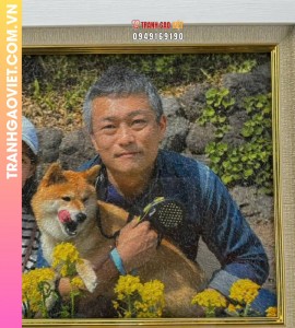 Tranh gạo gia đình và chú cún Shiba Inu