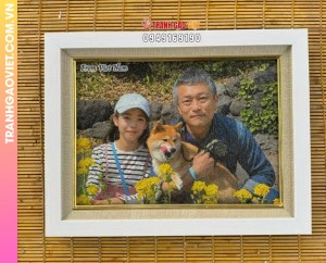 Tranh gạo gia đình và chú cún Shiba Inu