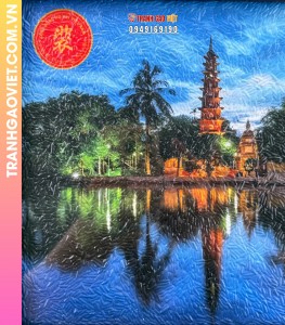 Tranh gạo màu Chùa Trấn Quốc về đêm (size 20x30), khung nâu sần - Tranh độc quyền của Steve Bui