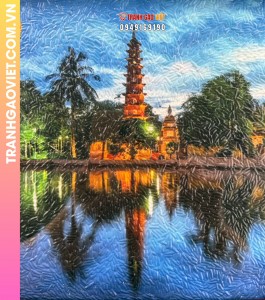 Tranh gạo màu Chùa Trấn Quốc về đêm (size 20x30), khung nâu sần - Tranh độc quyền của Steve Bui