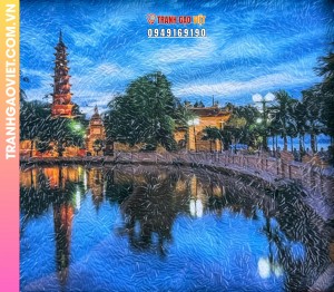 Tranh gạo màu Chùa Trấn Quốc về đêm (size 20x30), khung nâu sần - Tranh độc quyền của Steve Bui