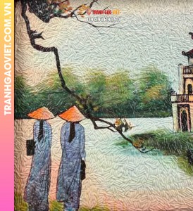 Tranh gạo màu Nét hoàn kiếm (size 20x30) khung nâu sần