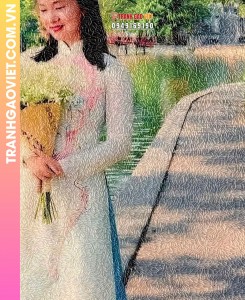 Tranh gạo màu Người phụ nữ bên bờ hồ