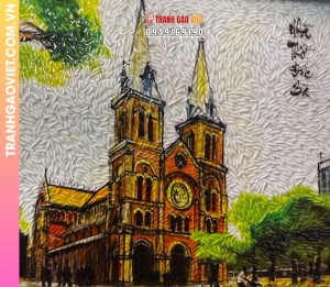 Tranh gạo màu Nhà thờ Đức Bà (15x20) - khung màu cánh gián