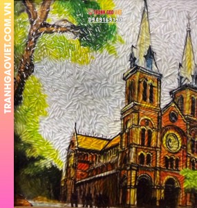 Tranh gạo màu Nhà thờ Đức Bà (15x20) - khung màu cánh gián