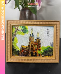 Tranh gạo màu Nhà thờ Đức Bà (15x20) - khung màu cánh gián