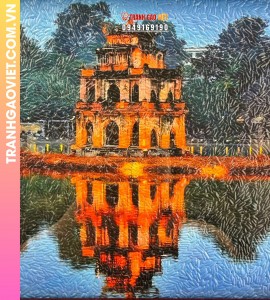 Tranh gạo màu Tháp Rùa lên đèn (size 20x30), khung nâu sần - tranh Độc quyền Steve Bui