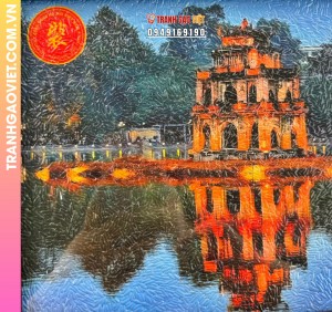 Tranh gạo màu Tháp Rùa lên đèn (size 20x30), khung nâu sần - tranh Độc quyền Steve Bui