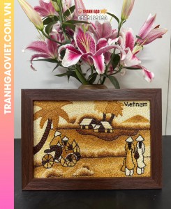 Tranh gạo Nhịp sống đồng quê - (20x30) – khung gỗ nâu sần