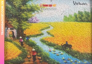 Tranh gạo phong cảnh cánh đồng quê Việt Nam
