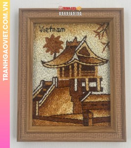 Tranh gạo rang Chùa Một Cột để bàn khung vàng bản 20x25 cm