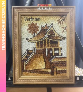 Tranh gạo rang Chùa Một Cột để bàn khung vàng bản 20x25 cm