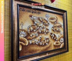 Tranh gạo Rang Cửu Ngư Quần Hội - Tranh Chín Cá Kích Thước 70x100 cm