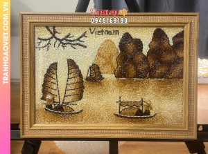 Tranh gạo rang Vịnh Hạ Long Non Nước khung vàng