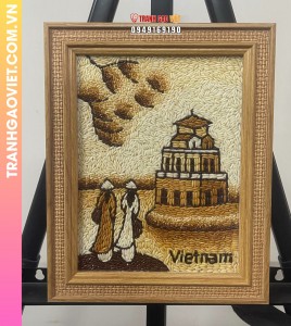 Tranh gạo Tháp Rùa bản dọc để bàn khung vàng