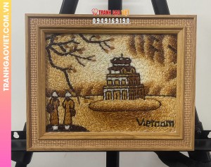 Tranh gạo Tháp Rùa Ban Mai khung vàng để bàn