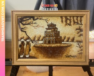 Tranh gạo Tháp Rùa Hoài Niệm bản 20x30cm khung vàng