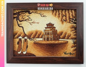 Tranh gạo Tháp Rùa Việt Nam khung nâu bản 30x40 cm