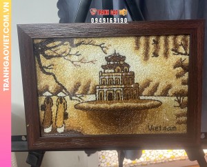 Tranh gạo xếp hình Tháp Rùa Cổ Kính bản cỡ 20x30cm