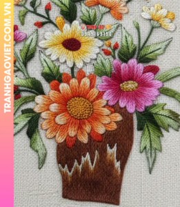 Tranh Thêu Bình Hoa Cúc Đa Sắc Màu