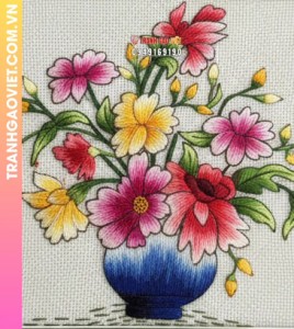 Tranh Thêu Bình Hoa Đa Sắc Cánh Mềm