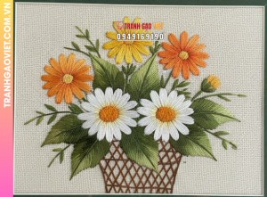 Tranh Thêu Bình Hoa Hồng Và Cúc Đa Sắc