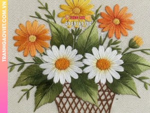Tranh Thêu Bình Hoa Hồng Và Cúc Đa Sắc