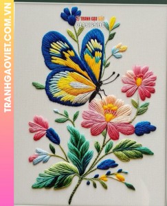 Tranh Thêu Bướm Và Hoa Sắc Màu Sinh Động