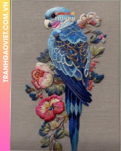 Tranh Thêu Chim Vẹt Xanh Và Cành Hoa Tinh Xảo