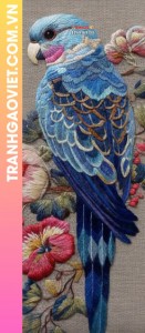 Tranh Thêu Chim Vẹt Xanh Và Cành Hoa Tinh Xảo