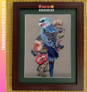 Tranh Thêu Chim Vẹt Xanh Và Cành Hoa Tinh Xảo