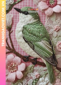Tranh Thêu Chim Xanh Và Hoa Hồng Vintage