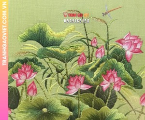 Tranh Thêu Đầm Sen Hồng Và Chuồn Chuồn Kim Tinh Tế