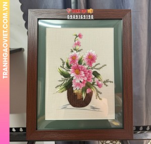 Tranh Thêu Giỏ Hoa Đồng Tiền Hồng Thắm