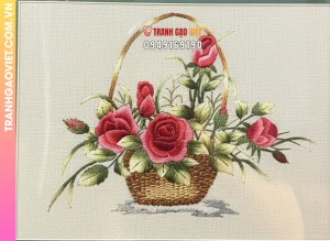 Tranh Thêu Giỏ Hoa Hồng Đỏ Thắm